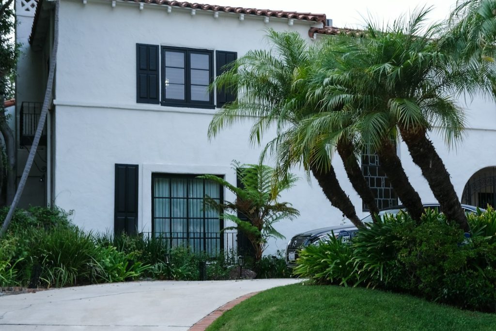 White stucco home with palms and a curved driveway