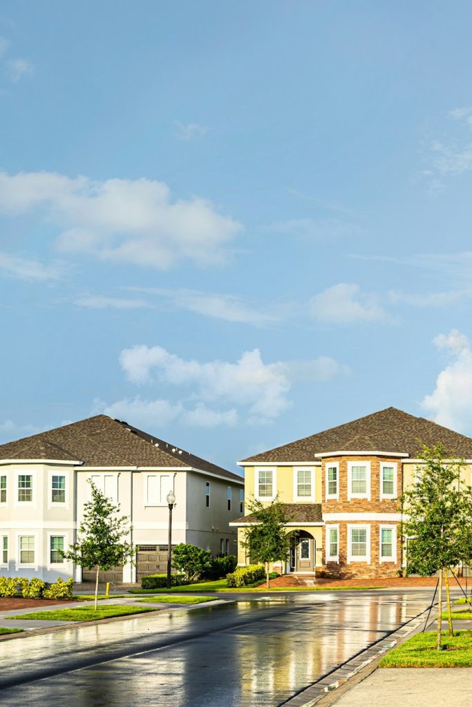 Newly built homes along a freshly paved neighborhood street